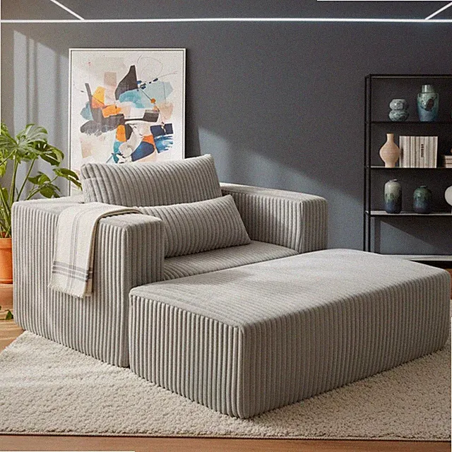 Modular Oversized Corduroy Floor Couch with Ottoman, All-Foam Deep-Seat