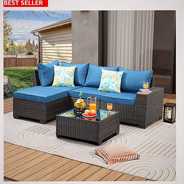 Modular Peacock Blue Patio Seating Set – Weather-Resistant Rattan Sofa & Ottoman