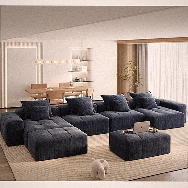 Modular Sectional Blue Chenille Sofa 6-Seater DIY Combos Tufted
