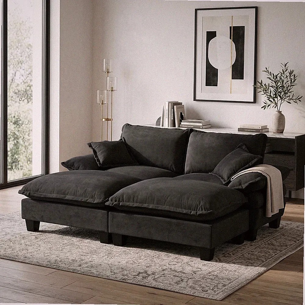 Modular Sectional Cloud Couch with Sailboat Design, 2 Ottomans, Black