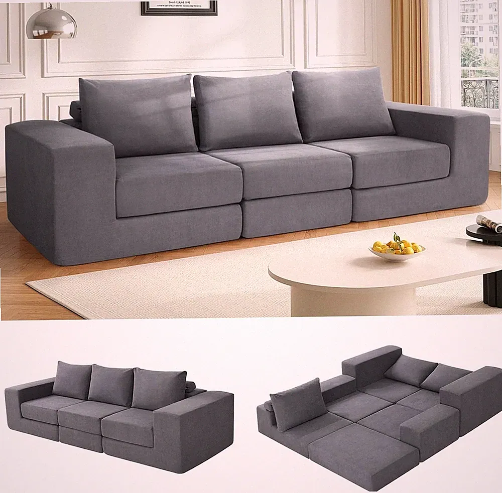 Modular Sectional Cloud Sofa,3-Seat Boneless Couch Convertible Soft Sofa Bed