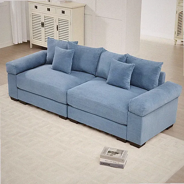 Modular Sectional Cloud Sofa Corduroy Fabric Deep Seating Blue
