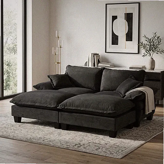 Modular Sectional Cloud Sofa with 2 Ottomans & 2 Pillows, Black