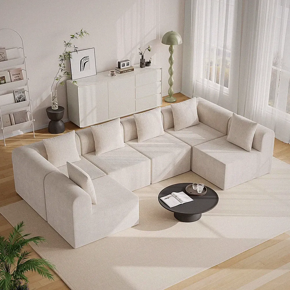 Modular Sectional Couch 6 Seat Deep L-Shape Cloud Sofa Memory Foam Warm White