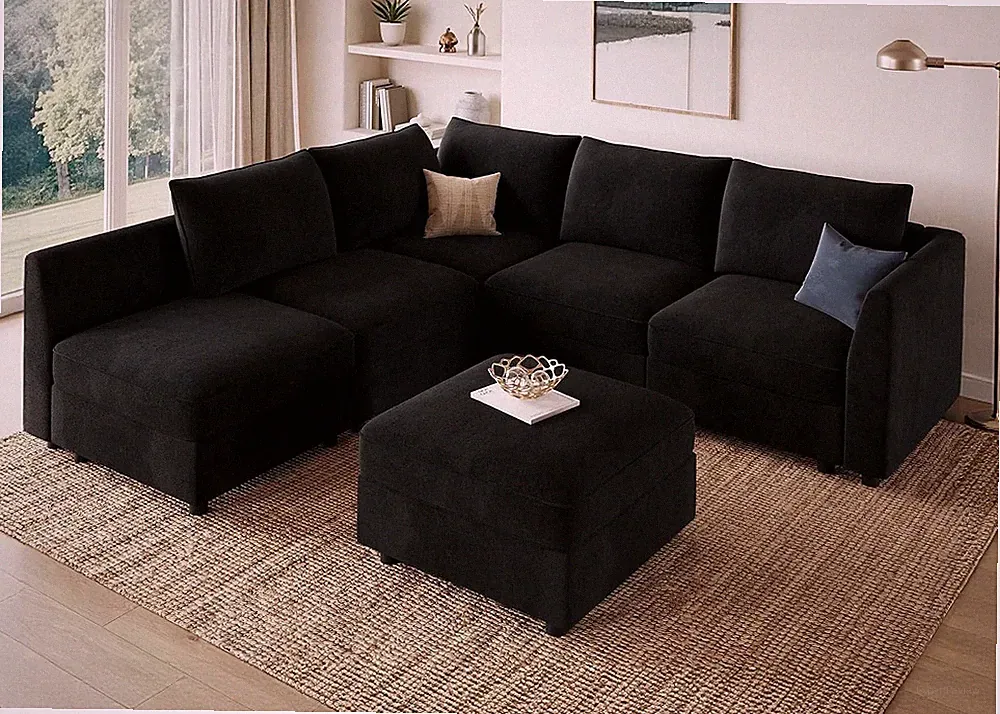 Modular Sectional Couch L Shaped Sofa with Storage,Black | Velvet Pet-Friendly F