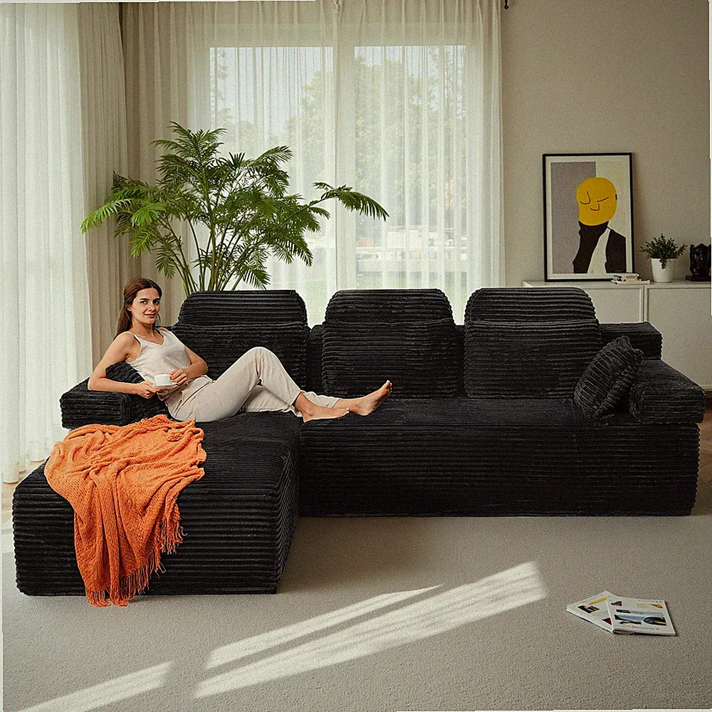 Modular Sectional Couch with High Backrest L-Shape Corduroy Sofa Boneless 106''