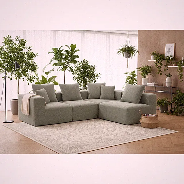Modular Sectional for Living Room, Full-Foam Build, Textured Light Green Uphol