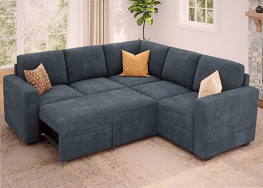 Modular Sectional Sleeper Couch with Pull Out Bed, Corduroy L Shaped Sofa with S