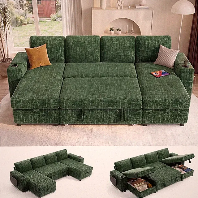 Modular Sectional Sleeper Sofa with Pull Out Bed, 108”U Shaped, Green