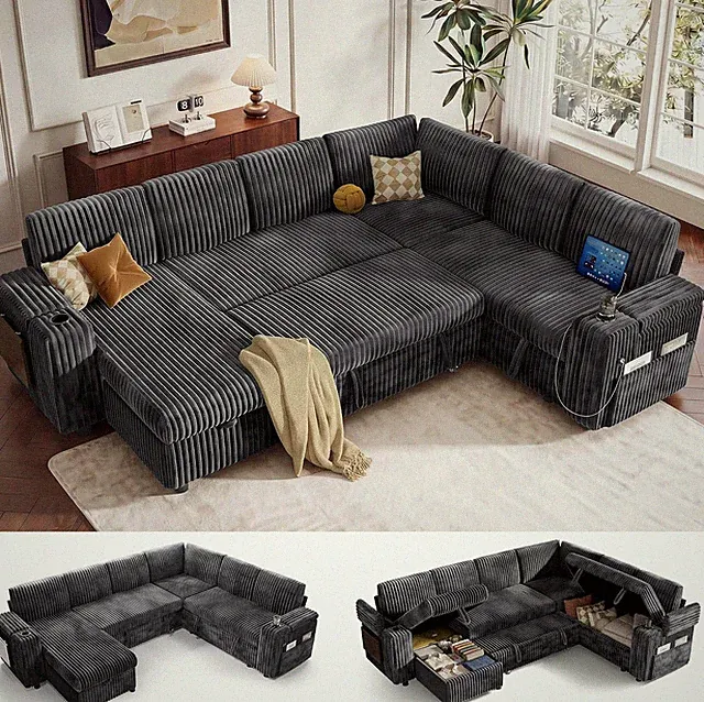 Modular Sectional Sleeper Sofa with Pull Out Bed, 110”L Shaped, Dark Grey
