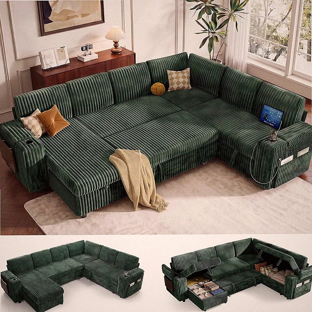 Modular Sectional Sleeper Sofa with Pull Out Bed, 110”L Shaped, Sage Green