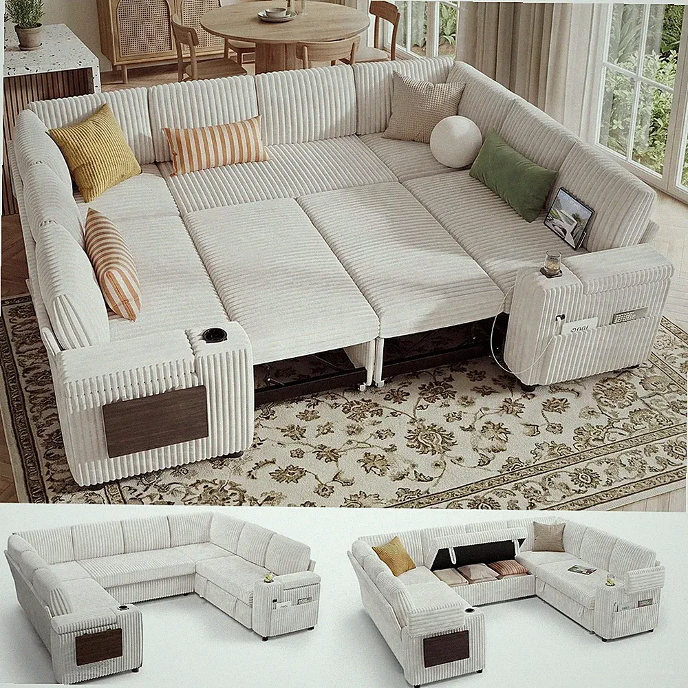 Modular Sectional Sleeper Sofa with Pull Out Bed, 110”U Shaped, Ivory