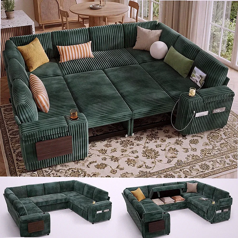 Modular Sectional Sleeper Sofa with Pull Out Bed, 110”U Shaped, Sage Green