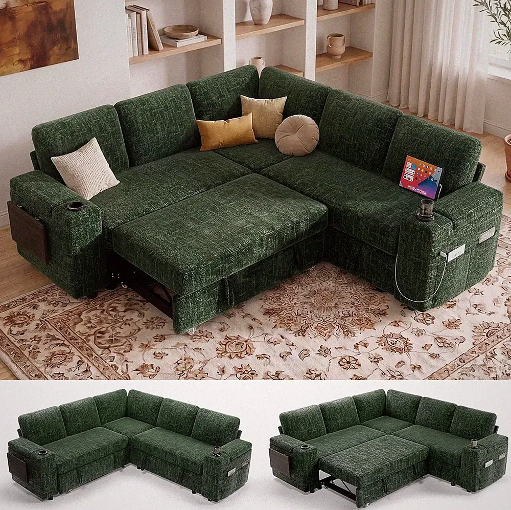 Modular Sectional Sleeper Sofa with Pull Out Bed, 86”L Shaped, Green