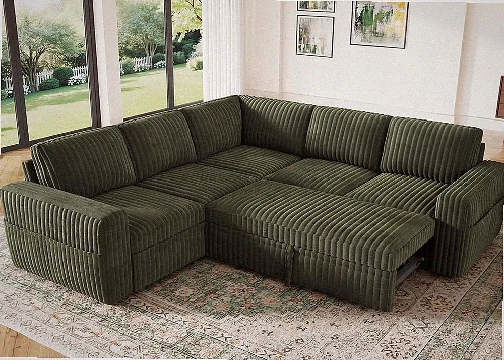 Modular Sectional Sleeper Sofa with Pull Out Bed,Corduroy L Shaped Couch with St