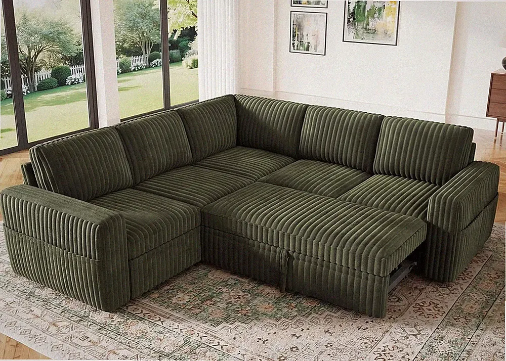 Modular Sectional Sleeper Sofa with Pull Out Bed,Corduroy L Shaped Couch with St