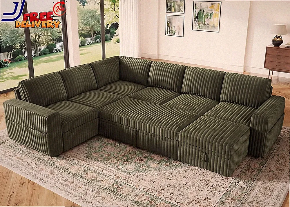 Modular Sectional Sleeper Sofa with Pull Out Bed Corduroy U Shaped Couch w/Stora