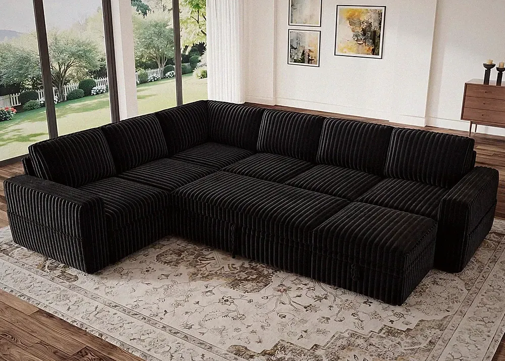 Modular Sectional Sleeper Sofa with Pull Out Bed,Corduroy U Shaped Couch with St