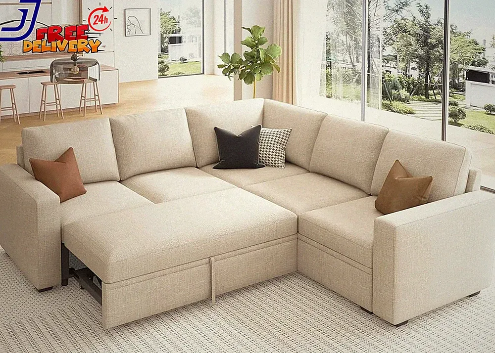 Modular Sectional Sleeper Sofa with Pull Out Bed L Shaped Couch Storage Seat