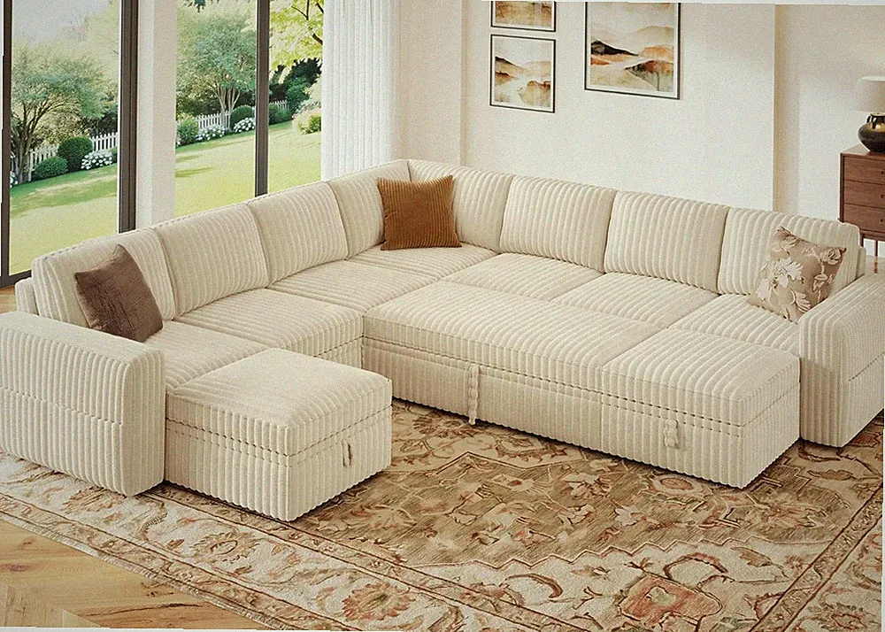Modular Sectional Sleeper Sofa with Pull Out Bed Oversized Corduroy L Shaped Sof