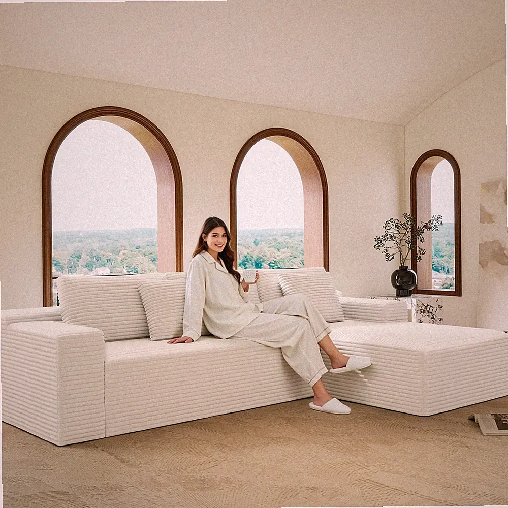 Modular Sectional Sofa 104" x 69" Plush Corduroy Fabric White