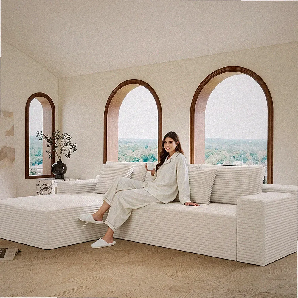 Modular Sectional Sofa 104"x69" Plush Corduroy Fabric White