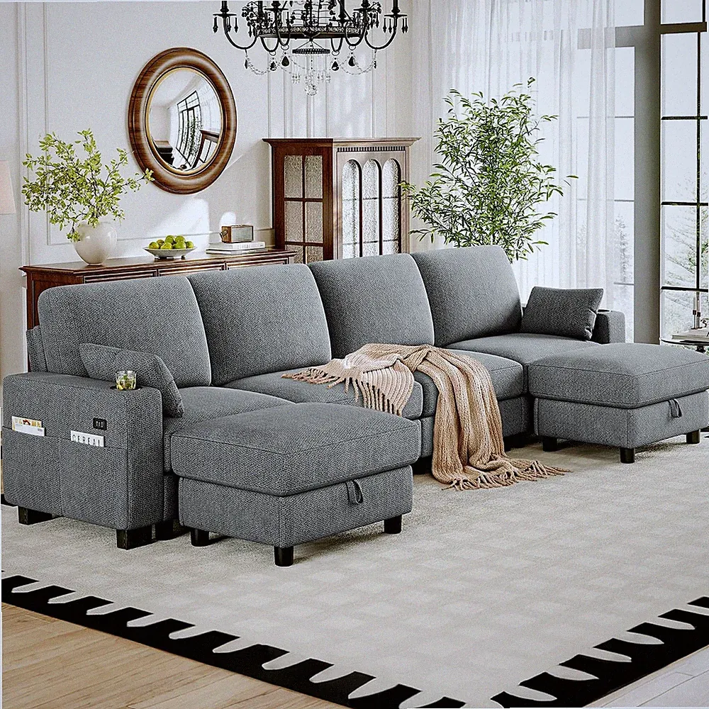 Modular Sectional Sofa, 128" U Shaped Comfy Chenille Couch, Grey