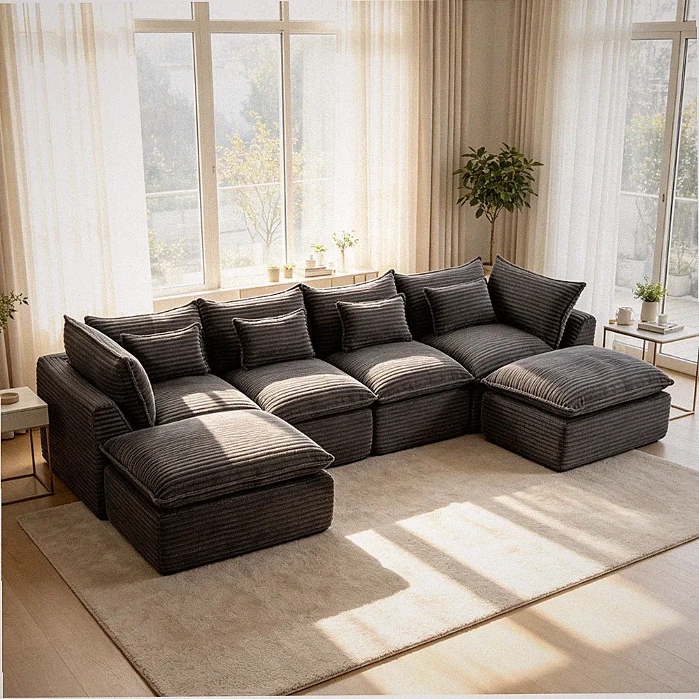 Modular Sectional Sofa 129.8"W Corduroy 4 Seat 2 Ottoman Antique Grey