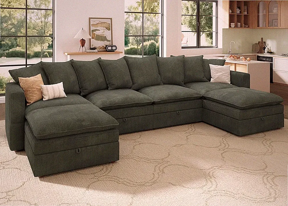 Modular Sectional Sofa, 137 Inch U Shaped Corduroy Couch with Storage, Convertib