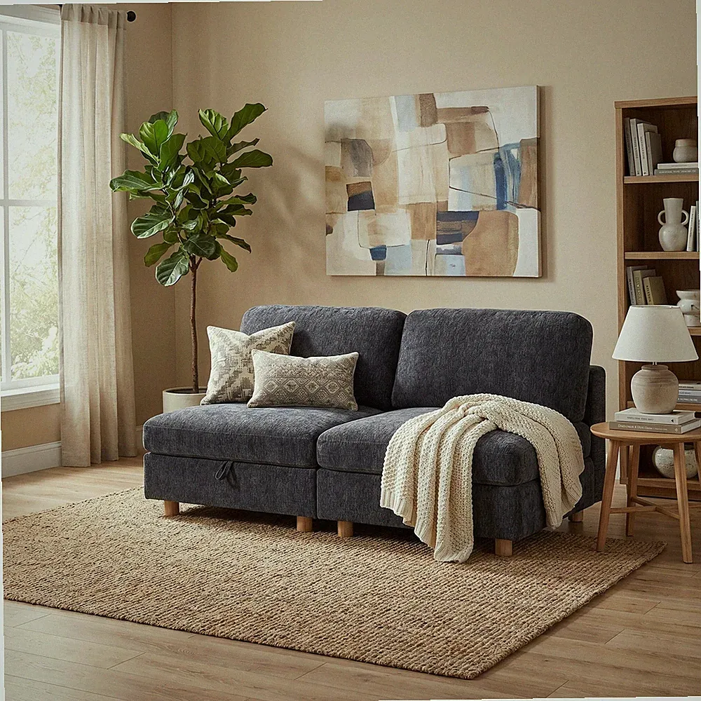 Modular Sectional Sofa 2-Seater with Storage, Convertible, Grey
