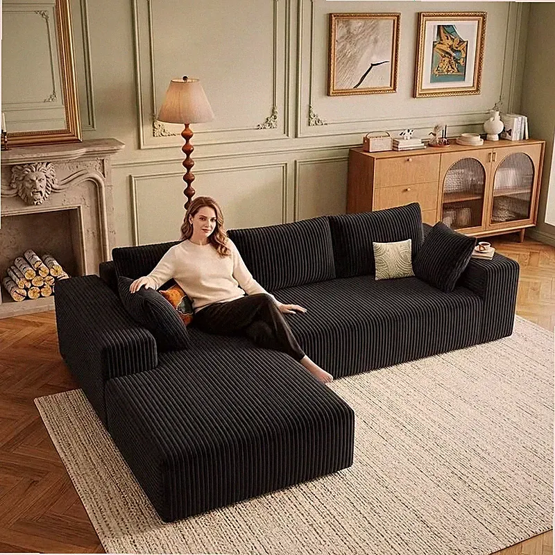 Modular Sectional Sofa 3-Piece Left Chaise Dark Gray Corduroy Ribbed Deep Seat