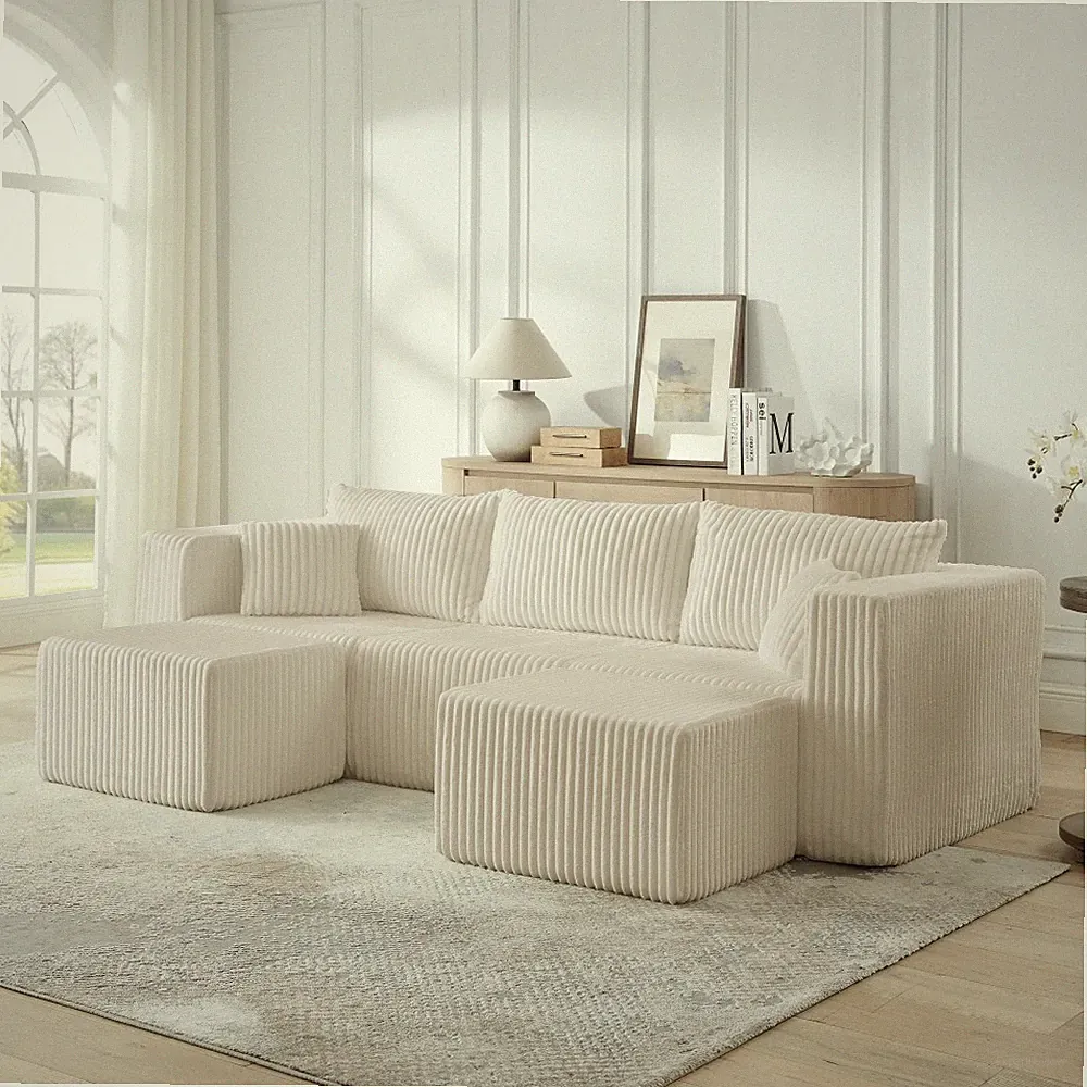 Modular Sectional Sofa 3-Seat Compact Minimalist Corduroy, Beige, No Assembly