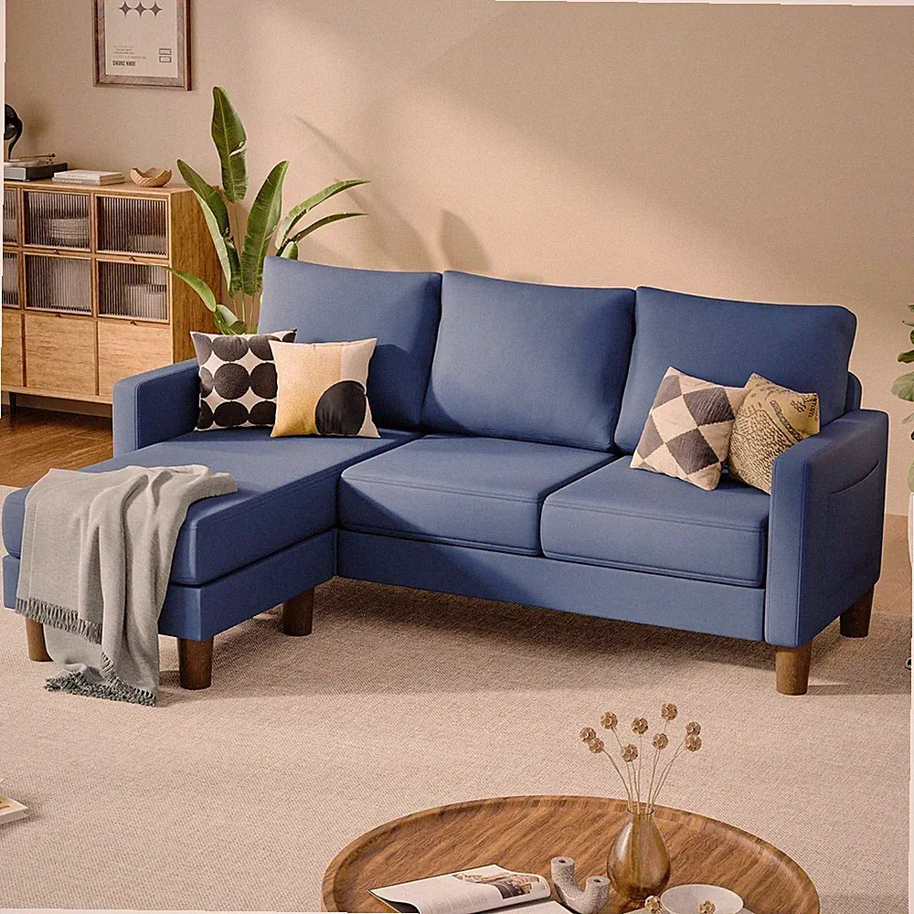 Modular Sectional Sofa 3-Seater Chaise Blue Removable Ottoman Fabric Modern