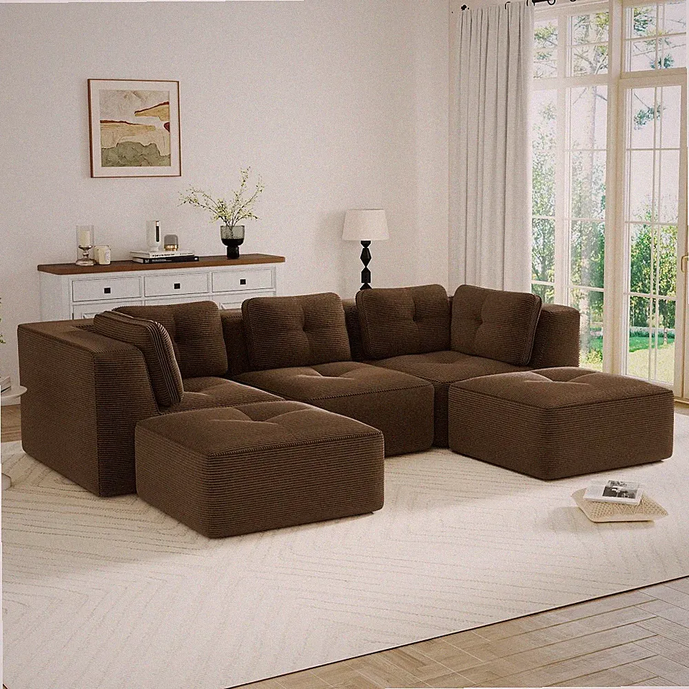 Modular Sectional Sofa 3-Seater Corduroy Brown Deep Seat No Assembly