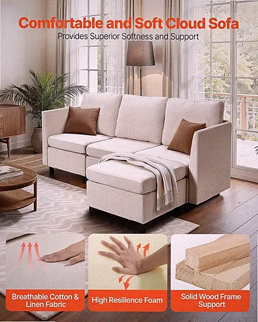 Modular Sectional Sofa, 3-Seater Modular Sofa with Hidden Storage, Cloud Section