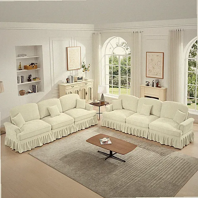 Modular Sectional Sofa 3-Seater w/ Removable Ruffles & Flared Arms, Beige White