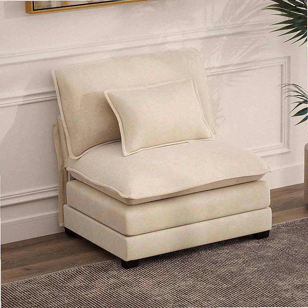 Modular Sectional Sofa 34.9" Armless Single Seat with 2 Pillows Chenille Beige