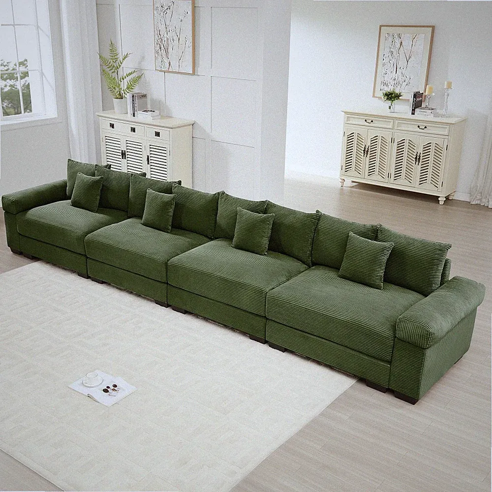 Modular Sectional Sofa 4 Seater Deep Seats Green Corduroy 12 Pillows