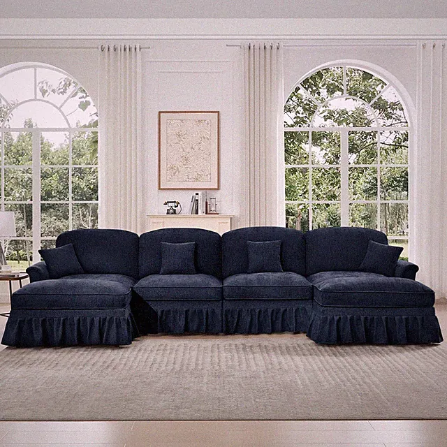 Modular Sectional Sofa, 4 Seater w/ Removable Blue Chenille Skirts & Ottoman