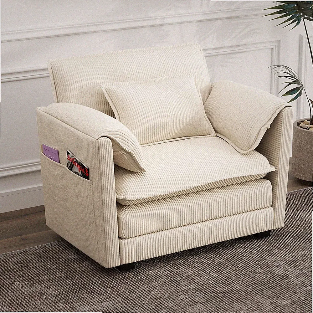 Modular Sectional Sofa 40.4 Single Seat Corduroy 2 Pillows 2 Armrest Beige