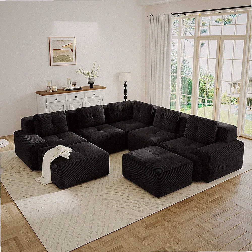 Modular Sectional Sofa 5-Seater V Shaped Couch Corduroy Black 116.1 in