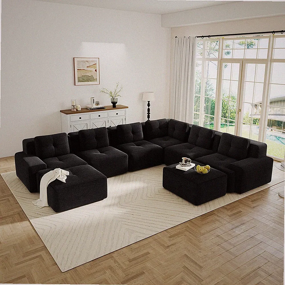 Modular Sectional Sofa 6-Seat Black Corduroy 151.1x116.1x27.1 in