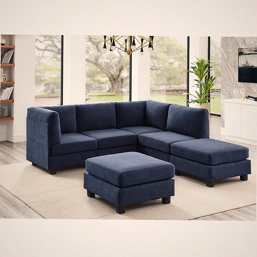 Modular Sectional Sofa, 6-Seat, Dark Blue Polyester, 120"L x 60"W x 34.5"H