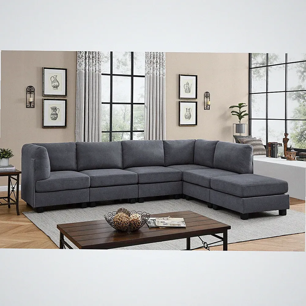 Modular Sectional Sofa 6-Seat Polyester Blend Dark Gray Removable Cushions