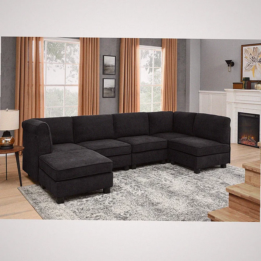 Modular Sectional Sofa, 6-Seat, Polyester Blend Upholstery, Black, 90"W