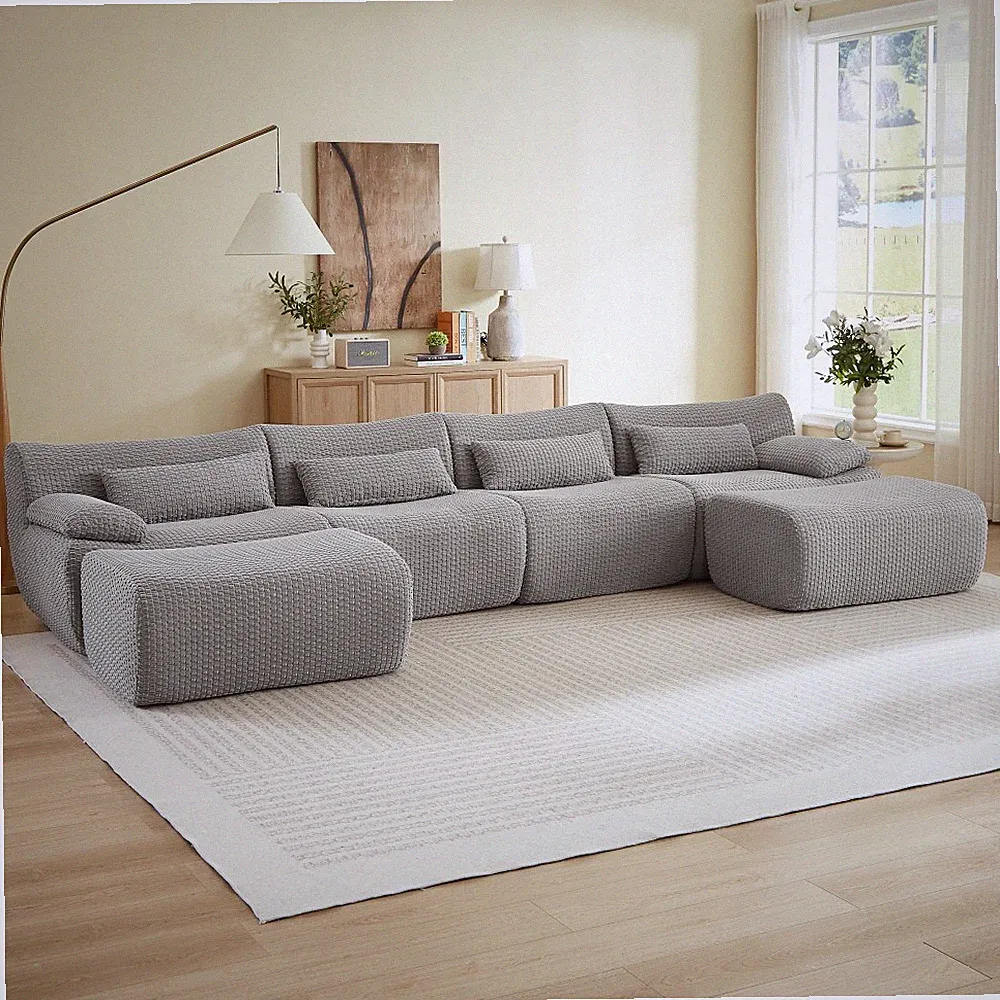 Modular Sectional Sofa 6 Seater Grey Corduroy Convertible U Shape