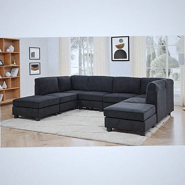 Modular Sectional Sofa, 8 Seat, Black Polyester Upholstery, 120"L x 90"W