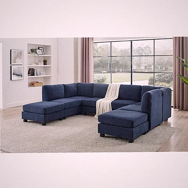 Modular Sectional Sofa, 8 Seat, Dark Blue Polyester, 120"L x 90"W