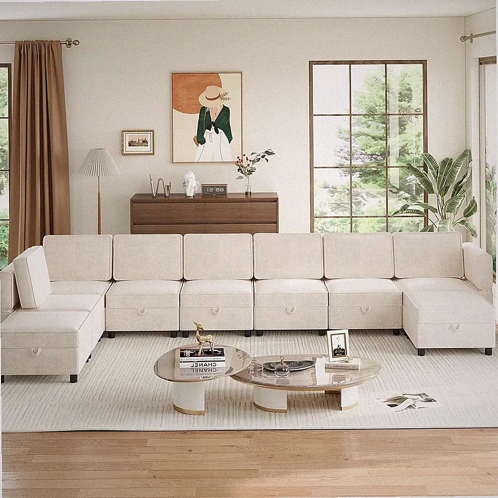 9-Seat Modular Sectional Sofa L-Shaped Couch with Storage Ottoman Sleeper Bed