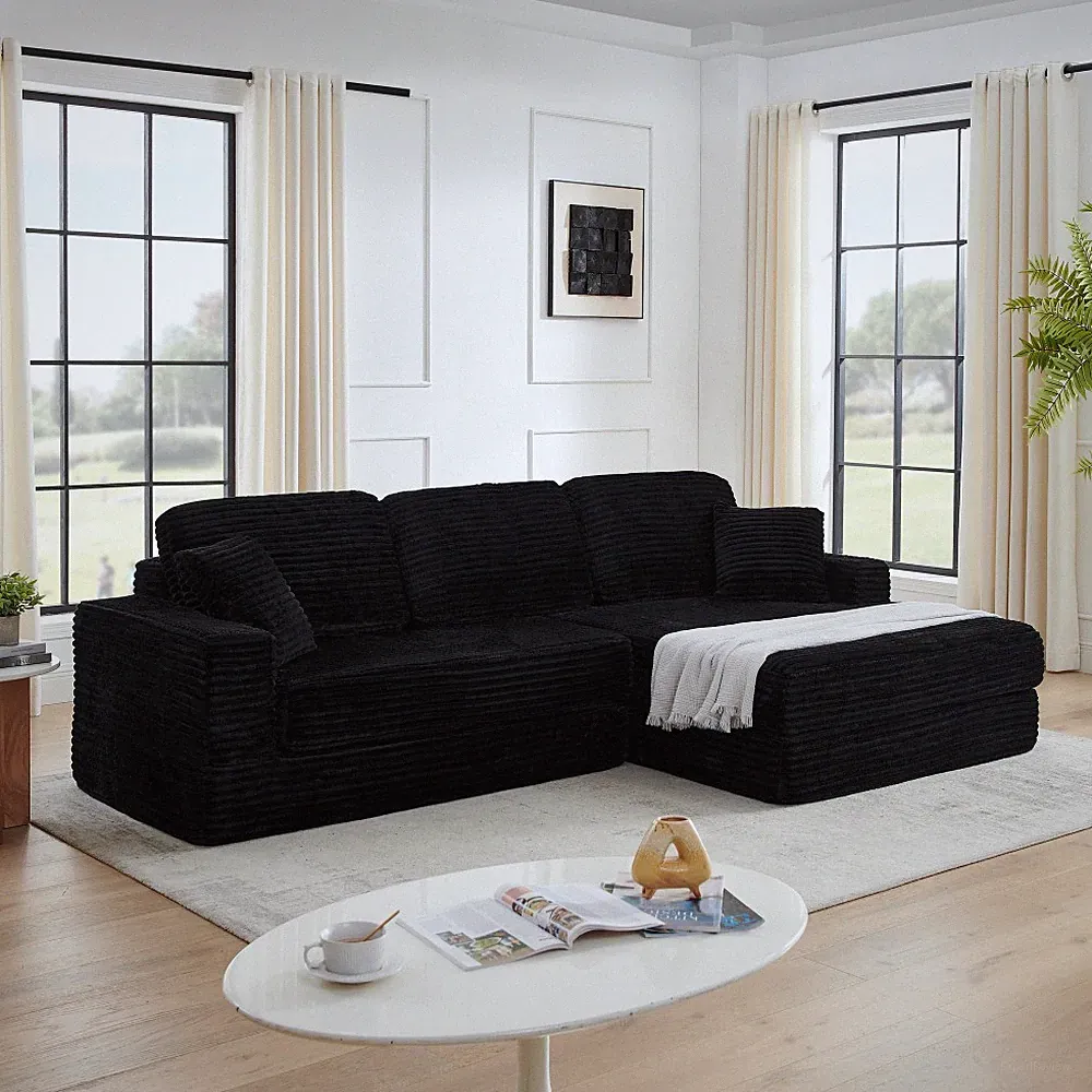 Modular Sectional Sofa Bed Black Corduroy 5-Seat L-Shape Futon w/ Queen Size